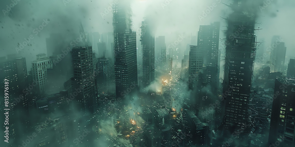 Capture a dystopian cityscape through a tilted angle view Capture a dystopian cityscape through a tilted angle view
