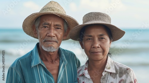 South East Asian fisherman husband and wife with straw hat stands on beach seaside ocean