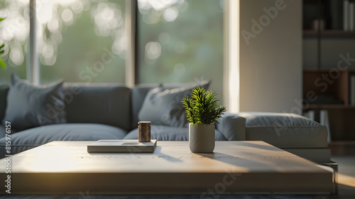 Blurred interior of light living room with grey sofas coffee table and big window : Generative AI