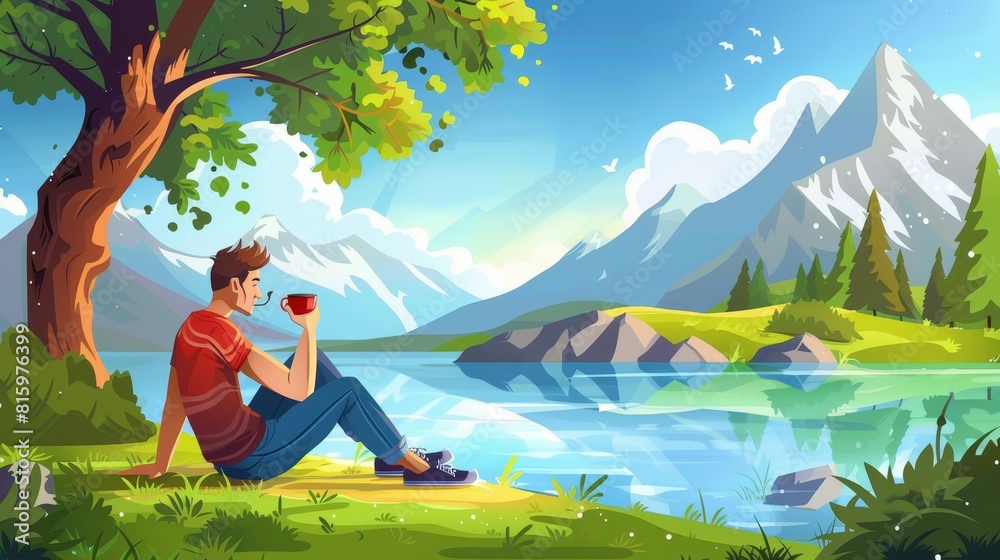 Millennial tourist sitting on grass near mountain lake, admiring river water, and having rest after hiking activity. Modern cartoon illustration showing young man drinking tea under tree, admiring