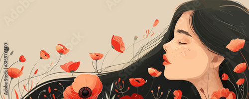 Beautiful girl with long hair portrait with flowers. vector simple illustration