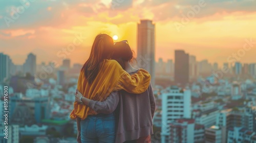Two Friends Holding Together Watching Sunset Over Cityscape