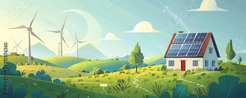 Wind turbines and solar panels. vector simple illustration