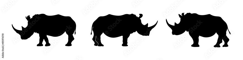 Vector silhouette of a rhino isolated on white background. Full editable eps file available. safari animal silhouette in black color Vector silhouette of a rhino isolated on white background. Full editable eps file available. safari animal silhouette in black color