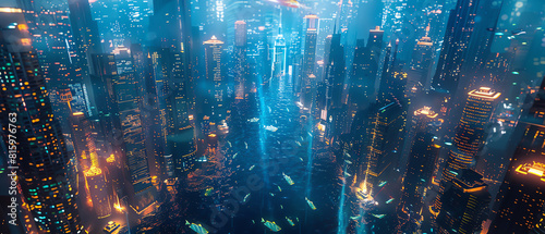 Visualize a panoramic view of a submerged metropolis embracing sleek