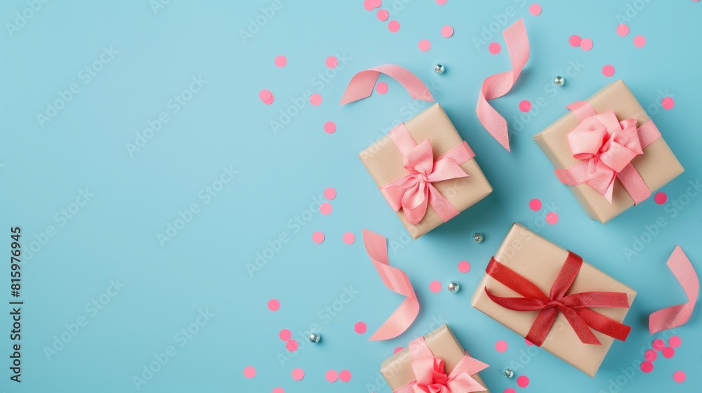 Gift boxes with ribbon confentti neatly arrange on light background camera shot from above aerial view Gift boxes with ribbon confentti neatly arrange on light background camera shot from above aerial view