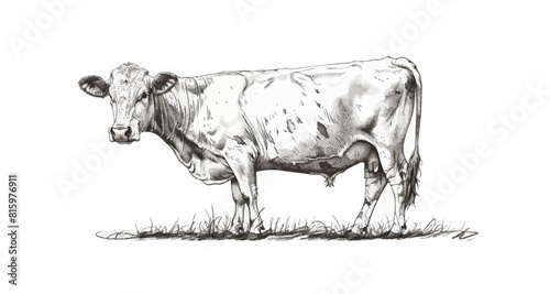 Dairy cow standing in full length, side view in sketch style. Hand drawn vintage illustration. Farm animal isolated. vector simple illustration