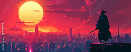 futuristic samurai standing on a building in cyberpunk city. vector simple illustration