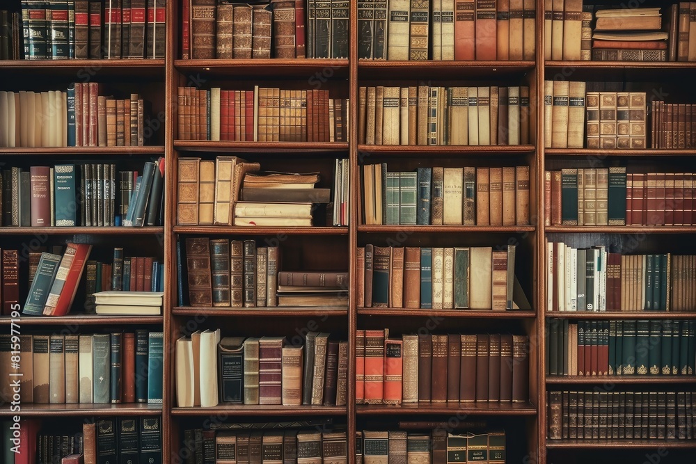 Warm and richly textured view of classic books in elegant wooden bookcases Warm and richly textured view of classic books in elegant wooden bookcases
