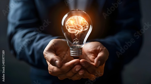  Light bulb with brain inside the hands of the businessman. The concept of the business idea. 