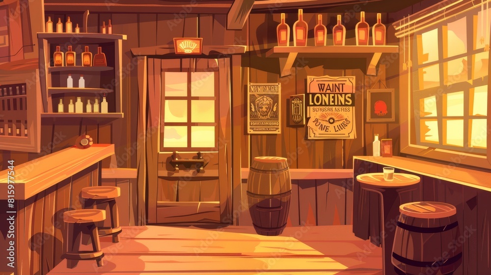 Western saloon interior design. Modern illustration of retro style bar with door and window, old wooden counter, bottles of alcohol on shelves, beer mugs on tables, wanted criminal poster on the Western saloon interior design. Modern illustration of retro style bar with door and window, old wooden counter, bottles of alcohol on shelves, beer mugs on tables, wanted criminal poster on the