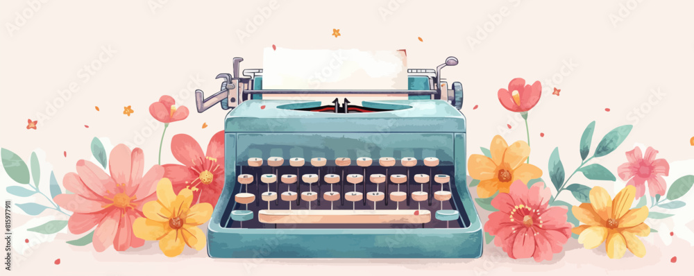 Retro typewriter machine with flowers. vector simple