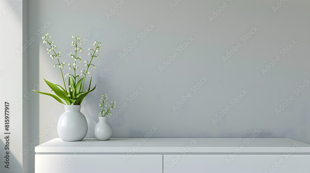 White modern dresser minimalistic furniture in empty room on grey wall background small cupboard with decor vases and lily of the valley flowers bouquet cozy apartment house interior c : Generative AI White modern dresser minimalistic furniture in empty room on grey wall background small cupboard with decor vases and lily of the valley flowers bouquet cozy apartment house interior c : Generative AI