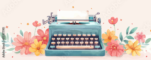 Retro typewriter machine with flowers. vector simple