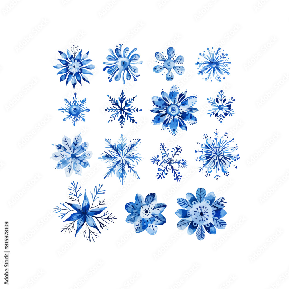 A set of blue snowflakes and flowers A set of blue snowflakes and flowers