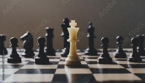 white king alone against black figures chess board