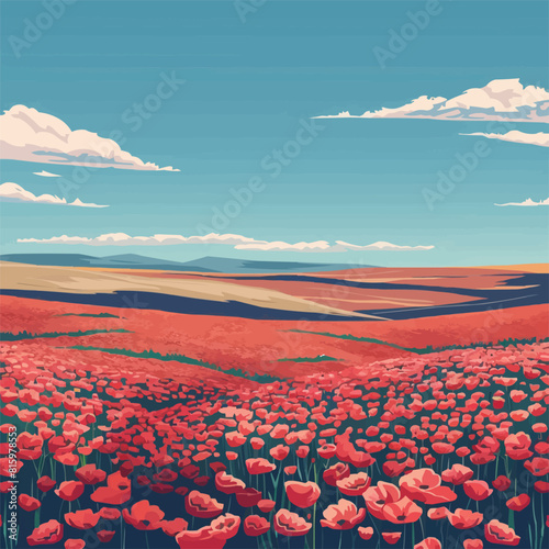 Endless field with poppies covering it like a carpet. Vector flat minimalistic isolated illustration.