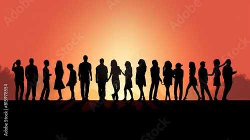 A silhouette of a group of people from diverse cultures engaging in teamwork and cooperation. This image captures the essence of multicultural harmony, friendship, and unity within a community