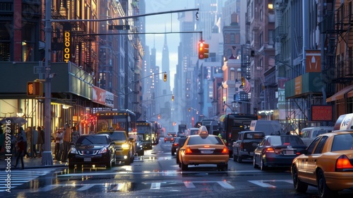 A busy city street with a yellow taxi cab driving down the road
