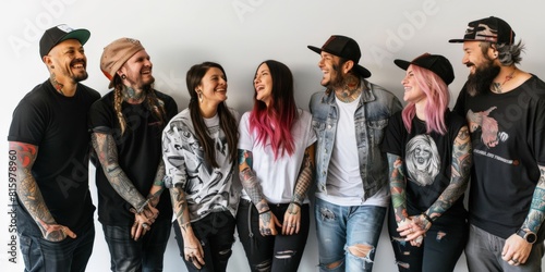 Candid photo of a group of tattoo artists standing against white backdrop wearing appropriate clothes 