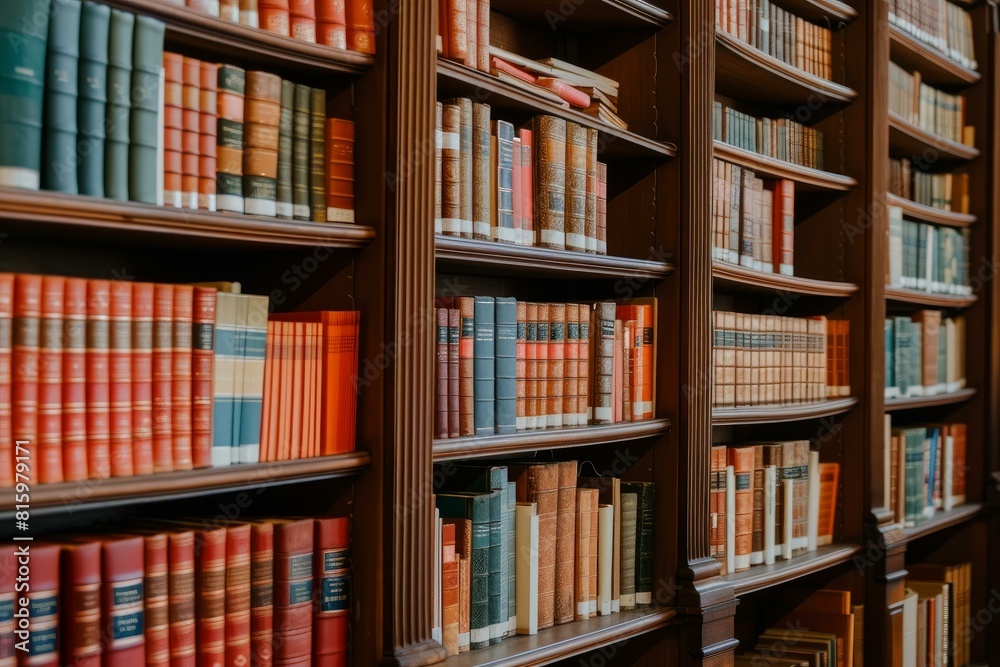 Elegant wooden bookshelves filled with a collection of antique books in a traditional library Elegant wooden bookshelves filled with a collection of antique books in a traditional library