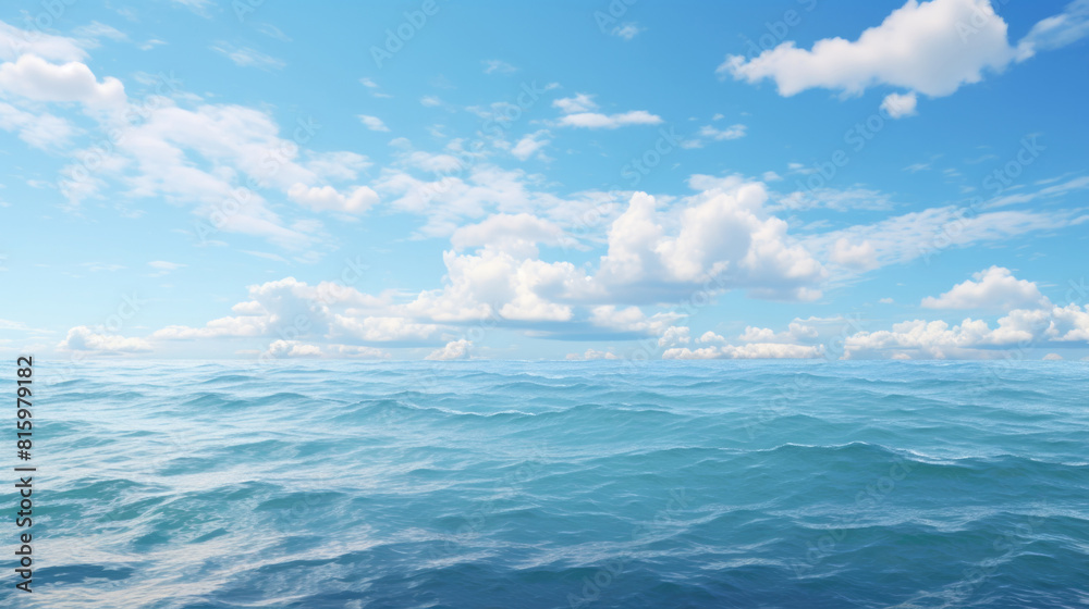 Vast ocean under vibrant blue sky with fluffy clouds, natural background, copy space