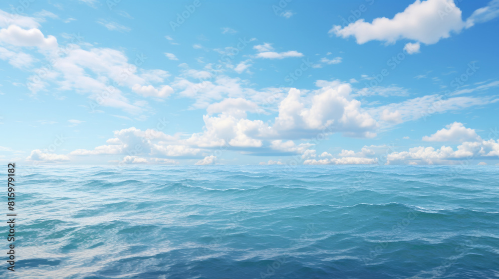 Vast ocean under vibrant blue sky with fluffy clouds, natural background, copy space Vast ocean under vibrant blue sky with fluffy clouds, natural background, copy space