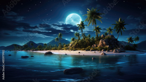 Small tropical island with palm trees  calm ocean water  dark moonlit starry night sky