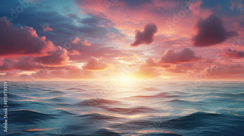 Sunset or sunrise over ocean with waves under dramatic colorful clouds background