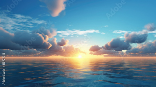 Sunset or sunrise over ocean with waves under dramatic colorful clouds background