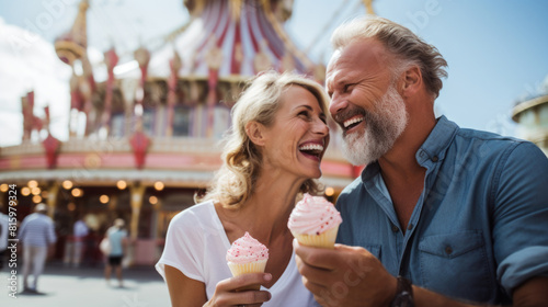 Joyful laughing Senior Couple Enjoying Ice Cream at Summer Amusement Park