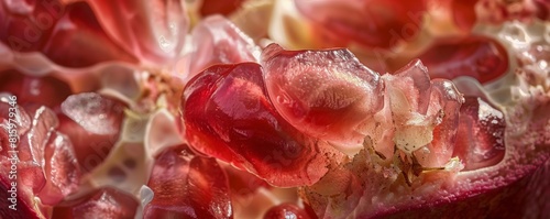 Close-up of juicy red pomegranate seeds and white membrane photo