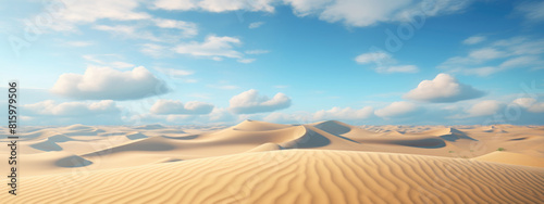 Sand dunes under blue sky with white clouds  peaceful desert landscape