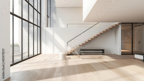 Contemporary home with minimal furnishings and decor light wood floor stairs white walls large windows with black frames and simple style : Generative AI