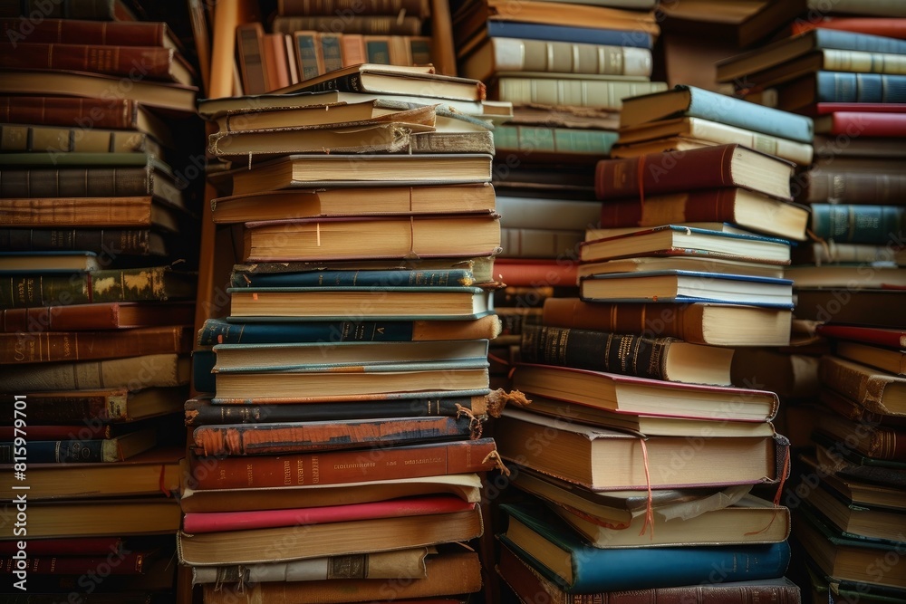 Multitude of old books piled high, showcasing an array of colorful spines and textures Multitude of old books piled high, showcasing an array of colorful spines and textures
