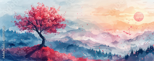 An artistic landscape with a cherry tree, cherry blossoms and sunset painted with watercolor. vector simple