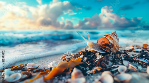 Sea snail on tropical sea and sandy beach, Summer sea background

