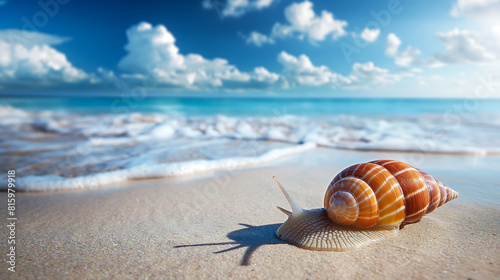 Sea snail on tropical sea and sandy beach, Summer sea background
