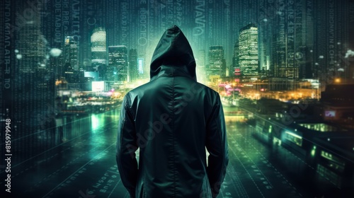 A hacker in a hoodie from a rear view. The scene is set against a backdrop of a nighttime city