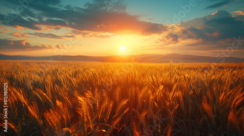 Bathed in the golden light of dusk, the wheat field shimmers with a serene beauty