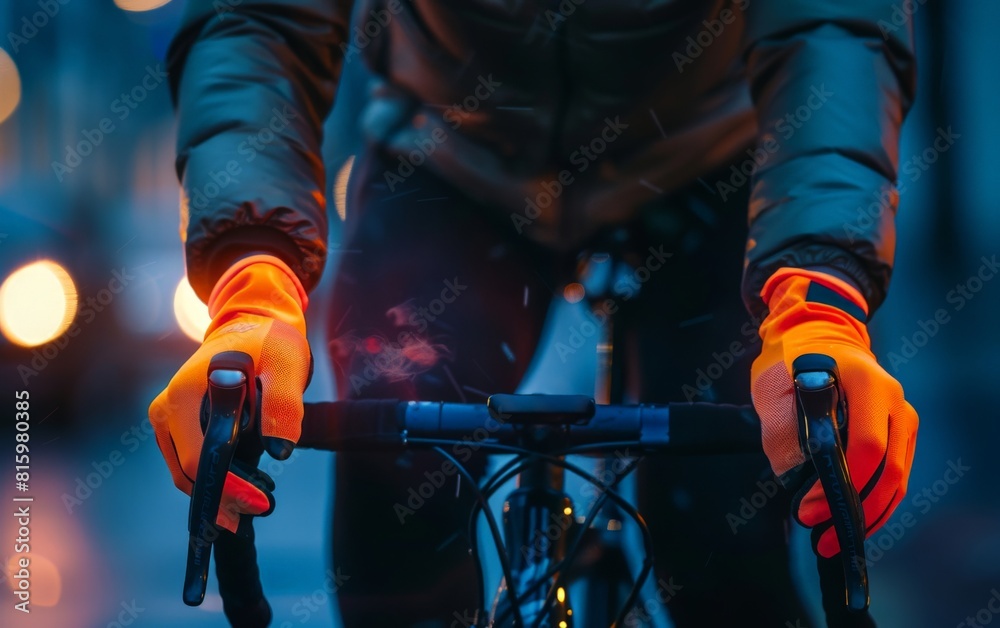 Cyclist riding in the dark wearing orange gloves Cyclist riding in the dark wearing orange gloves