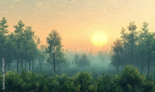 A landscape of a beautiful forest with the sun setting in the background.