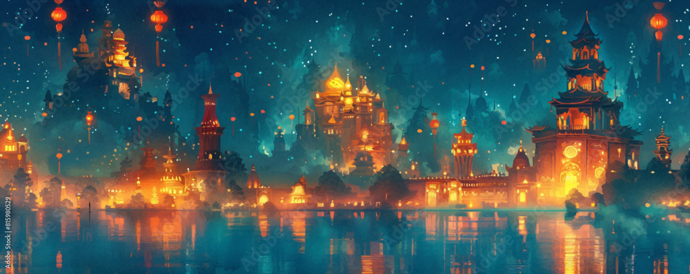 Fantastic capital in an underwater kingdom, with illuminated lanterns and intricate patterns on buildings. Vector flat minimalistic isolated illustration in digital art style.