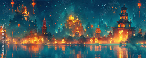 Fantastic capital in an underwater kingdom, with illuminated lanterns and intricate patterns on buildings. Vector flat minimalistic isolated illustration in digital art style.