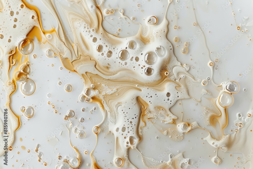 An overhead shot of clear, light brown liquid with bubbles being poured onto white paper An overhead shot of clear, light brown liquid with bubbles being poured onto white paper