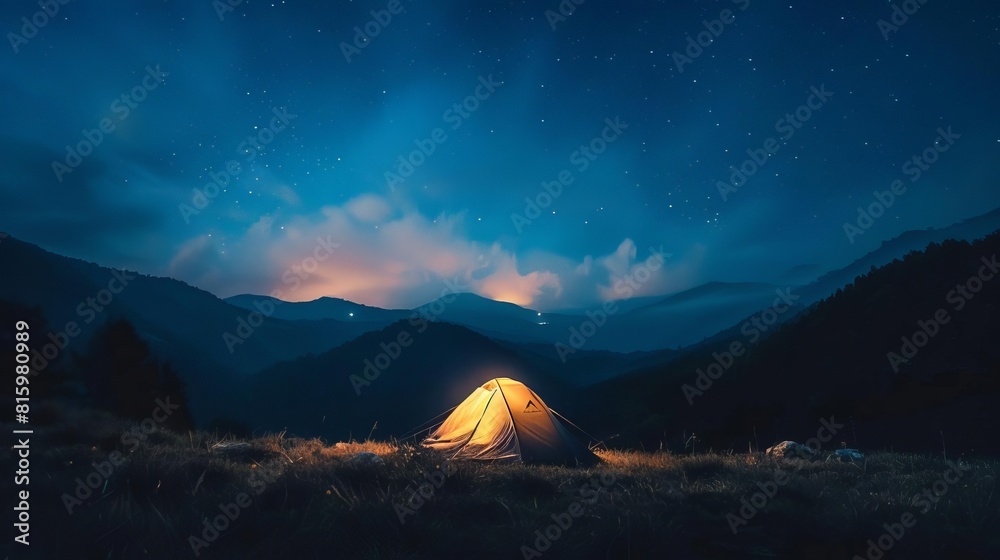 glowing tent under starry night sky in mountains outdoor camping adventure scene