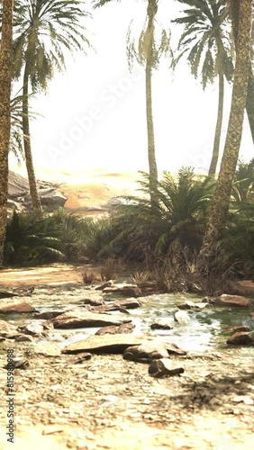 Pond and palm trees in desert oasis photo