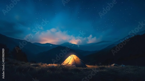 glowing tent under starry night sky in mountains outdoor camping adventure scene