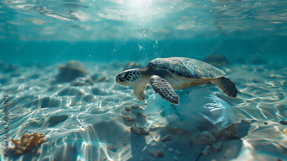 A cinematic image captures a sea turtle entangled in a single-use plastic bag, floating in the ocean's vibrant hues.