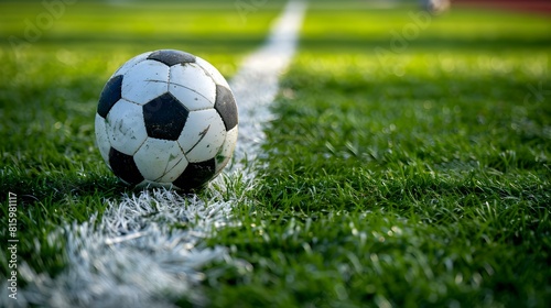 Close up of a black and white Soccer Ball next to a white Line on a green Pitch. Football Background